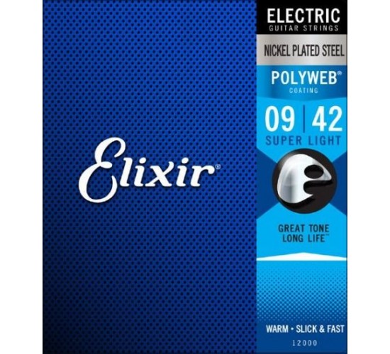 Elixir 12000 POLYWEB Комплект струн для электрогитары, Super Light, никелированная сталь, 9-42