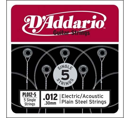 D'Addario PL012-5 Plain Steel Отдельная стальная струна без обмотки 012, 5шт