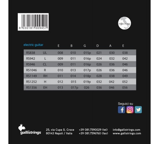 Galli Strings RS1070 Комплект струн для 8-струнной электрогитары, Италия
