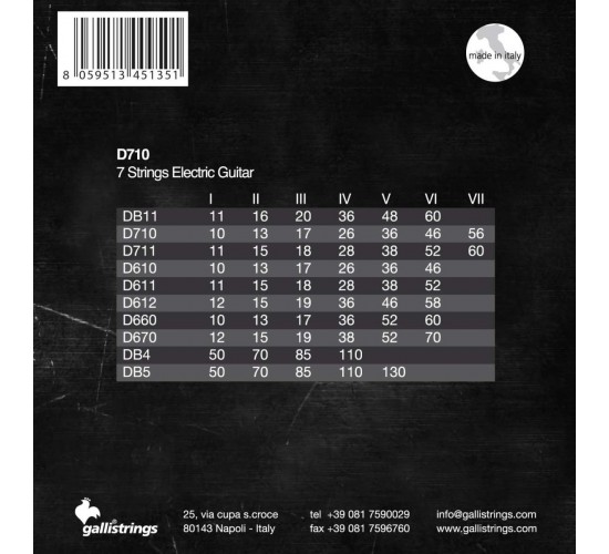 Galli Strings D710 Комплект из 7 струн для электрогитары, Италия