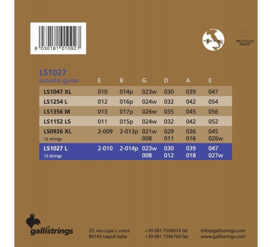 Galli Strings LS1027-12 Комплект струн для 12-струнной акустической гитары, фосфорная бронза, Италия