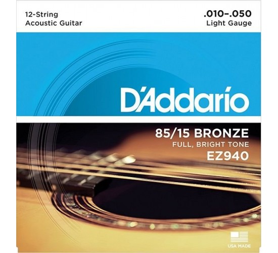 D'Addario EZ940 AMERICAN BRONZE 85/15 Струны для 12-струнной акустической гитары Light 10-50