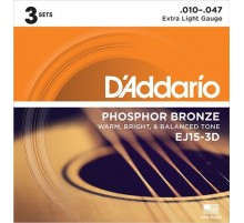 D'Addario EJ15-3D PHOSPHOR BRONZE Коробка из 3 компл. струн для акуст. гитары Extra Light 10-47