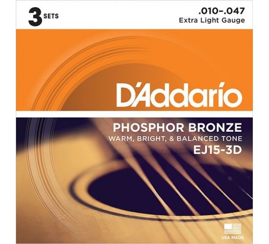 D'Addario EJ15-3D PHOSPHOR BRONZE Коробка из 3 компл. струн для акуст. гитары Extra Light 10-47
