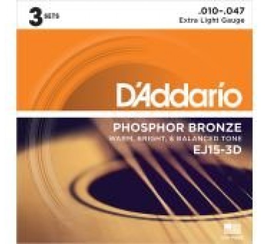 D'Addario EJ15-3D PHOSPHOR BRONZE Коробка из 3 компл. струн для акуст. гитары Extra Light 10-47