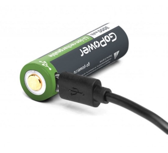 GoPower 00-00019621 Аккумулятор бытовой 18650 Li-ion, 3.7В, 3000мАч, USB, с защитой