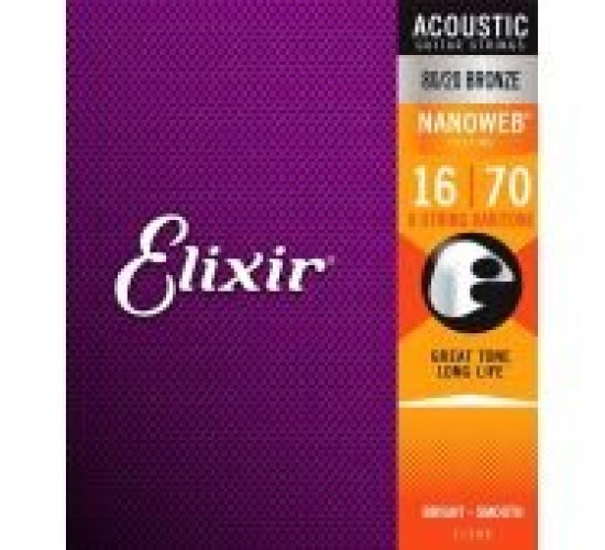 Elixir 11308 NANOWEB Комплект струн для акустической 8-струнной баритон гитары, бронза 80/20, 16-70