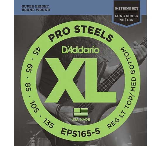 D'Addario EPS165-5 ProSteels Комплект струн для 5-струнной бас-гитары, Custom Light, 45-135
