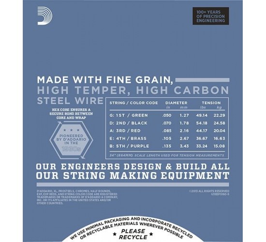 D'Addario EPS165-5 ProSteels Комплект струн для 5-струнной бас-гитары, Custom Light, 45-135