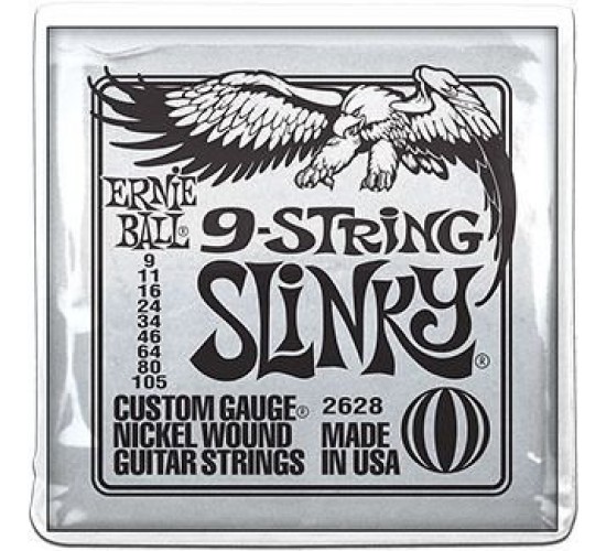 Ernie Ball 2628 струны для 9-струнной электрогитары Slinky Nickel Wound (9-11-16-24-34-46-64-80-105)