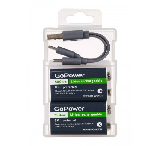 GoPower 00-00031391 Аккумулятор бытовой Крона Li-ion 9В 500мАч Type-C, 2шт
