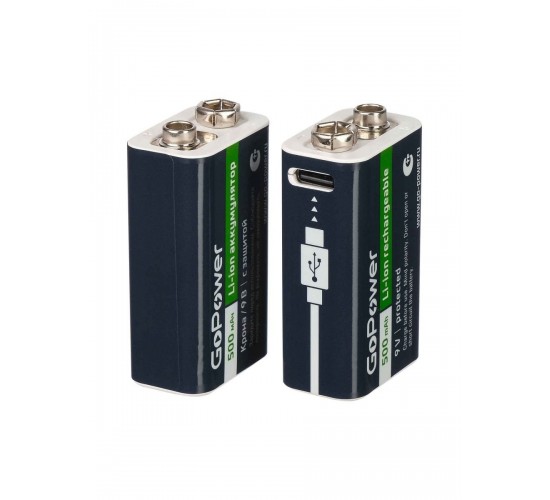 GoPower 00-00031391 Аккумулятор бытовой Крона Li-ion 9В 500мАч Type-C, 2шт