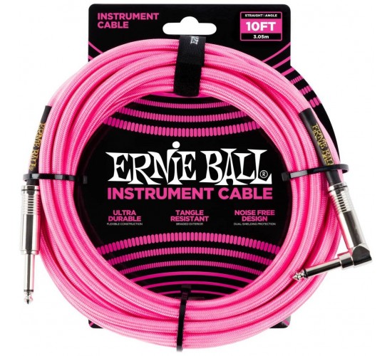 Ernie Ball 6078 кабель инструментальный, оплетёный, 3,05 м, прямой/угловой джеки, розовый неон