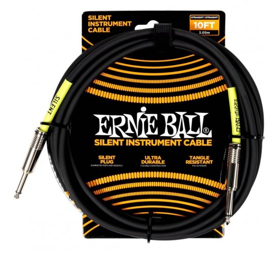 Ernie Ball 6472 кабель инструментальный, Silent, 3,05 м, прямые джеки, черный