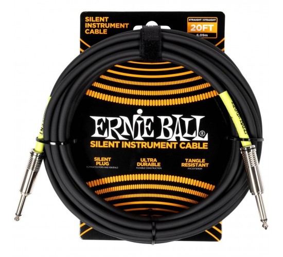 Ernie Ball 6473 кабель инструментальный, Silent, 6,1м, прямые джеки, черный