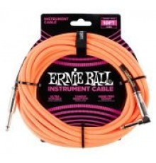 Ernie Ball 6079 кабель инструментальный, оплетёный, 3,05 м, прямой/угловой джеки, оранжевый неон