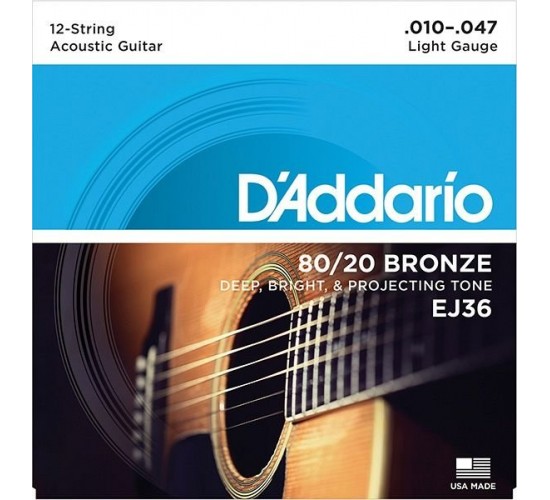 D'Addario EJ36 Bronze 80/20 Cтруны для акустической 12-струнной гитары, Light, 10-47