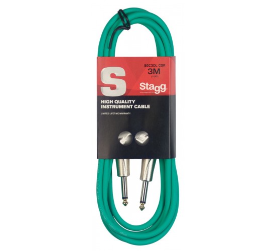 Stagg SGC3DL CGR гитарный шнур, jack-jack, длина 3 метра, цвет зеленый