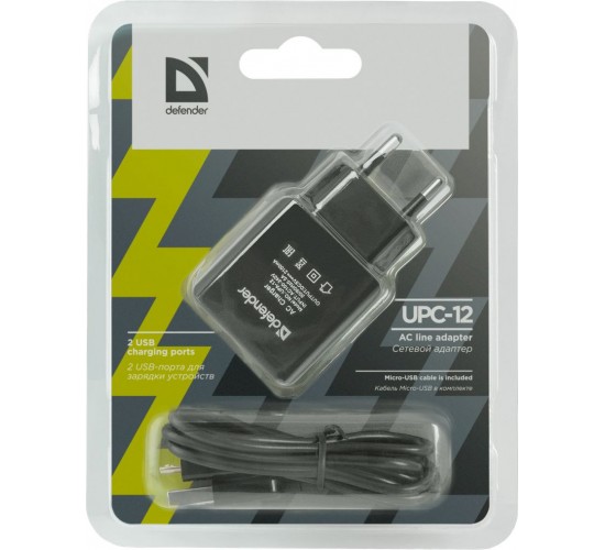 Defender UPС-12 Сетевой адаптер 2xUSB, 5V/2А, кабель, блистер
