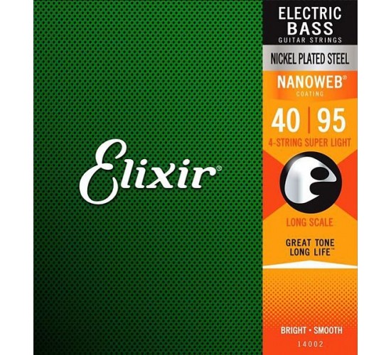 Elixir 14002 NANOWEB Комплект струн для бас-гитары, никелированные, Super Light, 40-95