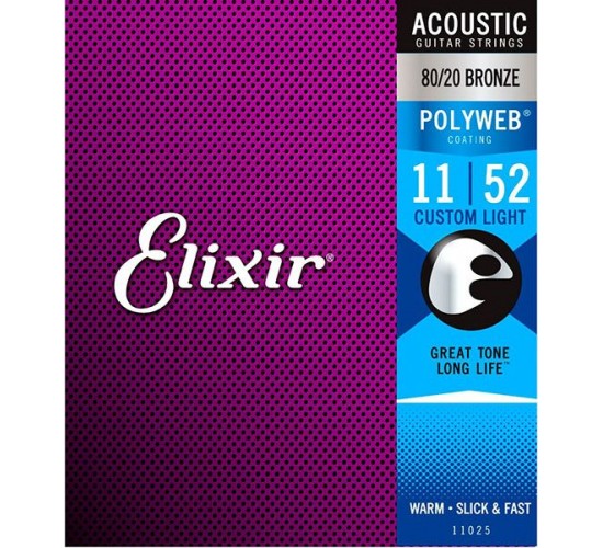 Elixir 11025 POLYWEB Комплект струн для акустической гитары, Custom Light, бронза 80/20, 11-52