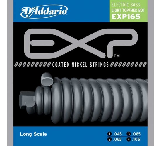 D'Addario EXP165 Coated Комплект струн для бас-гитары с покрытием, Light Top/Medium Bottom, 45-105, Long Scale