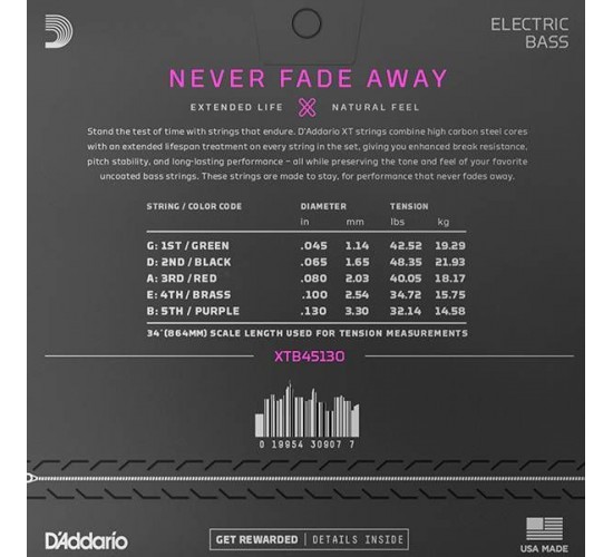 D'Addario XTB45130 XT Комплект струн для 5-струнной бас-гитары, никелированные, 45-130, с покрытием