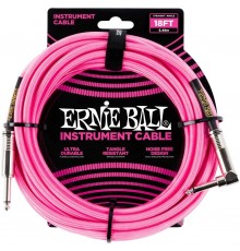 Ernie Ball 6083 кабель инструментальный, оплетёный, 5,49 м, прямой/угловой джеки, розовый неон