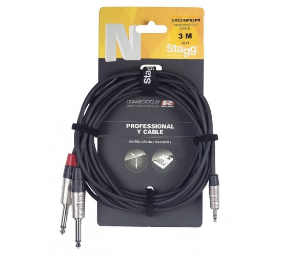 Stagg NYC1/MPS2PR профессионал, аудио шнур, мини стерео Jack 1/8«- 2 моно jack 1/4», 1 метр, черный