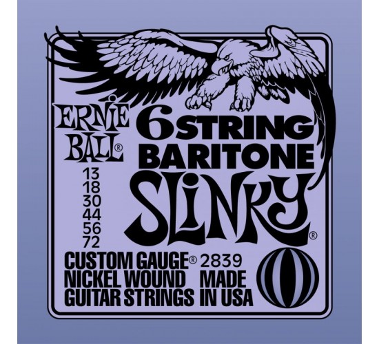 Ernie Ball 2839 струны для 6-струнной баритон-гитары Nickel Wound Bass Baritone Short Scale Slinky 6 (72-56-44-30-18p-13p)