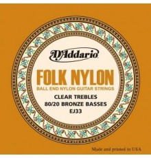 D'Addario EJ33 Folk Nylon Комплект струн для акустической гитары, шарик на конце,нейлон/бронза 80/20