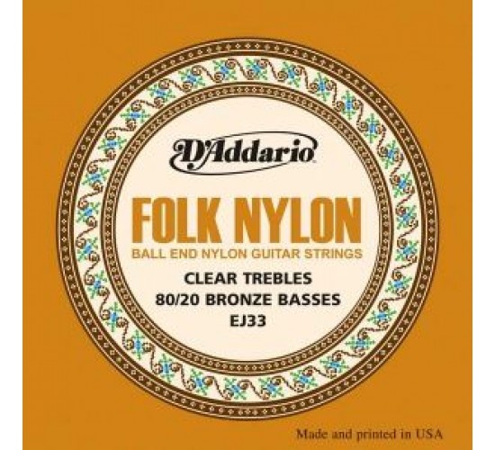 D'Addario EJ33 Folk Nylon Комплект струн для акустической гитары, шарик на конце,нейлон/бронза 80/20