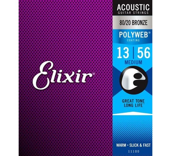Elixir 11100 POLYWEB Комплект струн для акустической гитары, Medium, бронза 80/20, 13-56