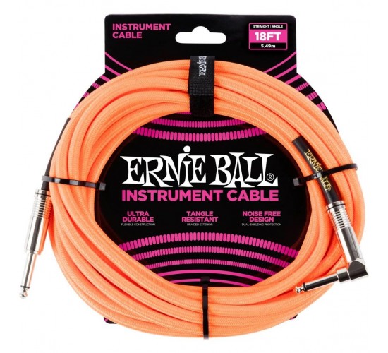 Ernie Ball 6084 кабель инструментальный, оплетёный, 5,49 м, прямой/угловой джеки, оранжевый неон