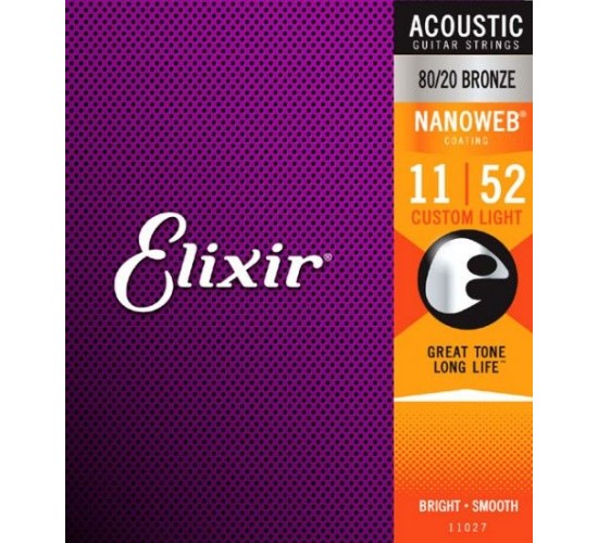 Elixir 11027 NANOWEB Комплект струн для акустической гитары, Custom Light, бронза 80/20, 11-52