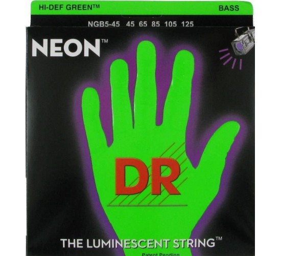 DR NGB5-45 NEON HiDef Green струны для 5 cтрун. бас гитар, светящиеся в УФ лучах, цвет Green, 45-125