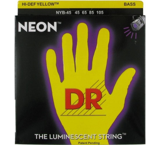 DR NYB-45 NEON HiDef Yellow струны для бас гитары, светящиеся в УФ лучах, цвет Yellow, 45-105 Medium
