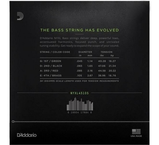 D'Addario NYXL45105 Комплект струн для бас-гитары, никелированные, Long Scale, L Top/Med Bottom, 45-105