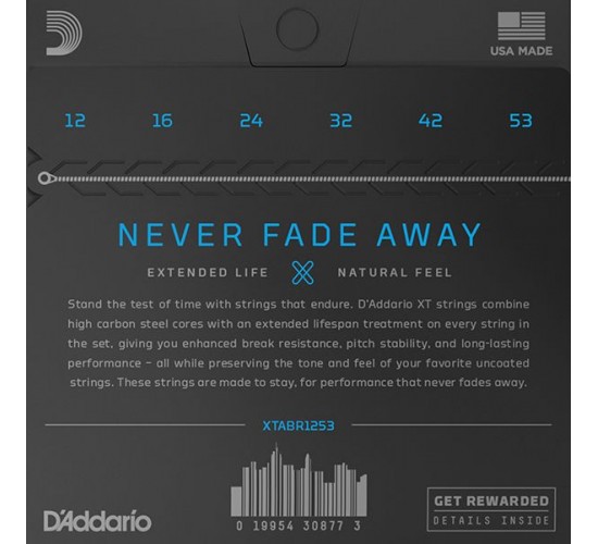D'Addario XTABR1253 XT Комплект струн для акустической гитары, бронза 80/20, 12-53, с покрытием