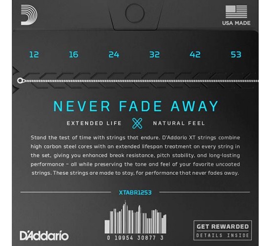 D'Addario XTABR1253 XT Комплект струн для акустической гитары, бронза 80/20, 12-53, с покрытием