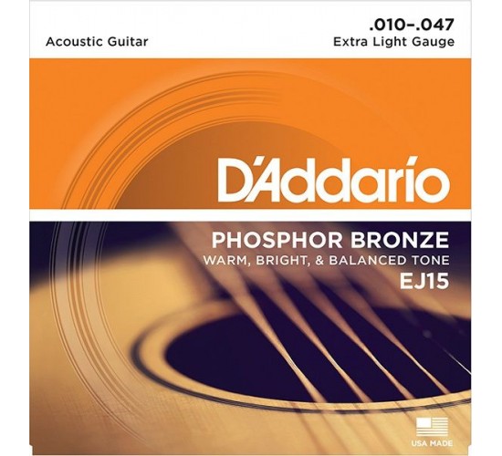 D'Addario EJ15 PHOSPHOR BRONZE струны для акустической гитары фосфорная бронза Extra Light 10-47