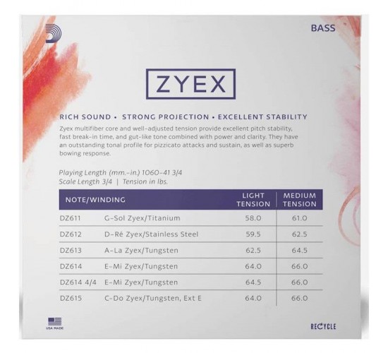 D'Addario DZ610 3/4M струны для контрабаса серия ZYEX, medium tension, 3/4