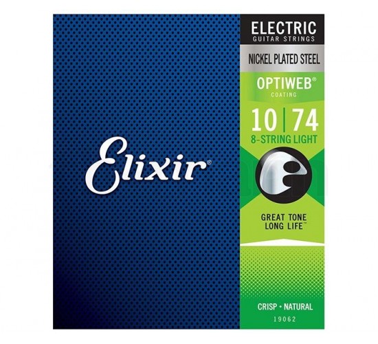 Elixir 19062 Optiweb Комплект струн для 8-струнной электрогитары, никелированная сталь, Light 10-74
