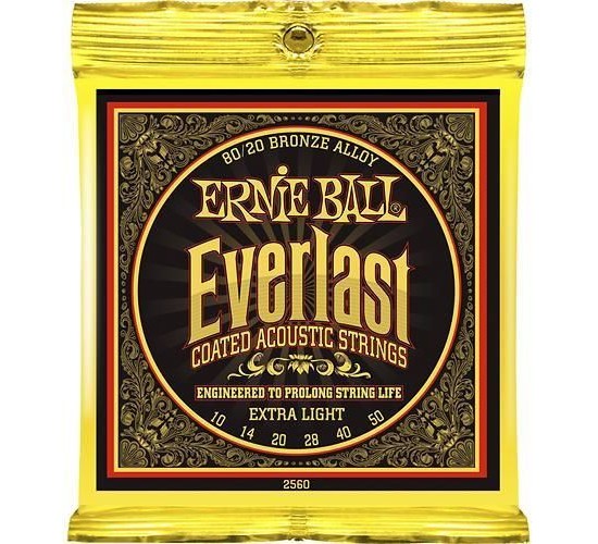 Ernie Ball 2560 струны для акуст.гитары Everlast Coated 80/20 Bronze Extra Light (10-14-20w-28-40-50) бронза с нанонапылением