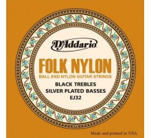 D'Addario EJ32 Folk Nylon Комплект струн для акустической гитары, шарик на конце, нейлон/посеребренн