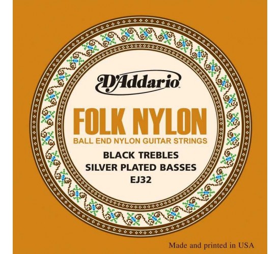 D'Addario EJ32 Folk Nylon Комплект струн для акустической гитары, шарик на конце, нейлон/посеребренн