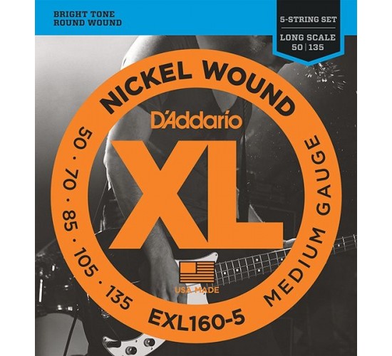 D'Addario EXL160-5 XL NICKEL WOUND Струны для 5-струнной бас-гитары 5-string Long Medium 50-135