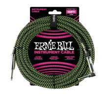 Ernie Ball 6077 кабель инструментальный, оплетёный, 3,05 м, прямой/угловой джеки, чёрно-зелёный