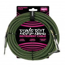 Ernie Ball 6077 кабель инструментальный, оплетёный, 3,05 м, прямой/угловой джеки, чёрно-зелёный