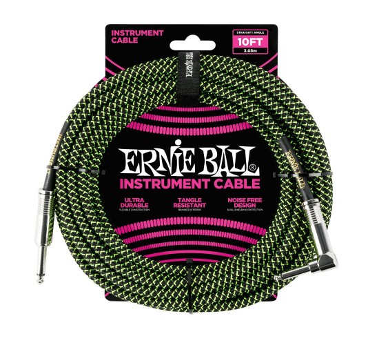 Ernie Ball 6077 кабель инструментальный, оплетёный, 3,05 м, прямой/угловой джеки, чёрно-зелёный